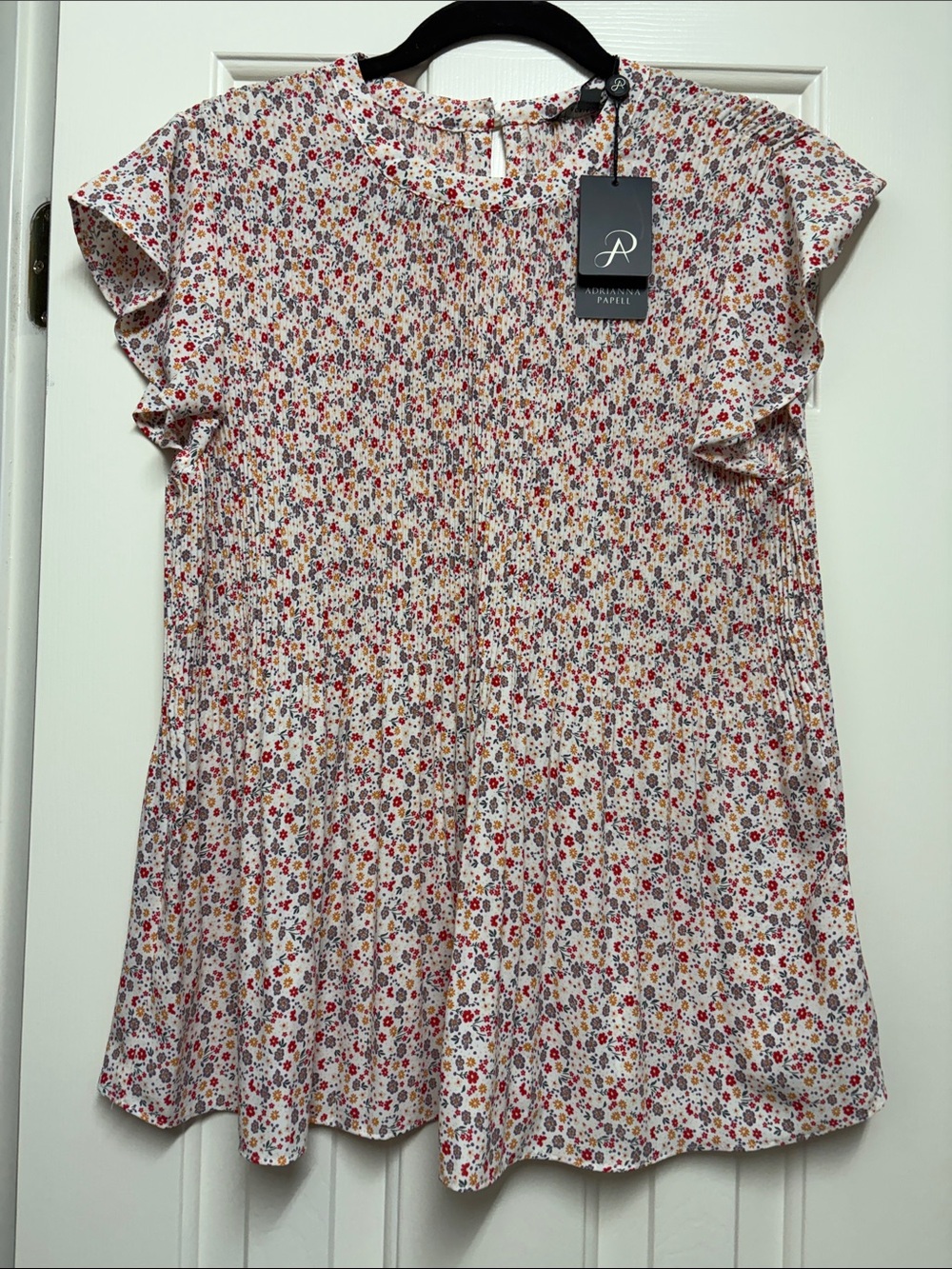 Adrianna Papell White Floral Smocked Flutter Sleeve Top